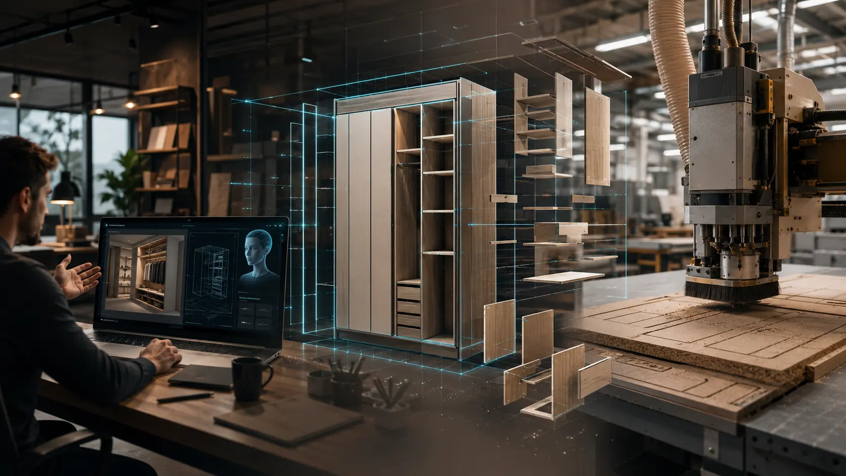AI által összekapcsolt digitális bútortervezési folyamat a megrendelői igénytől a 3D modellen és optimalizáláson át a CNC gyártási adatig