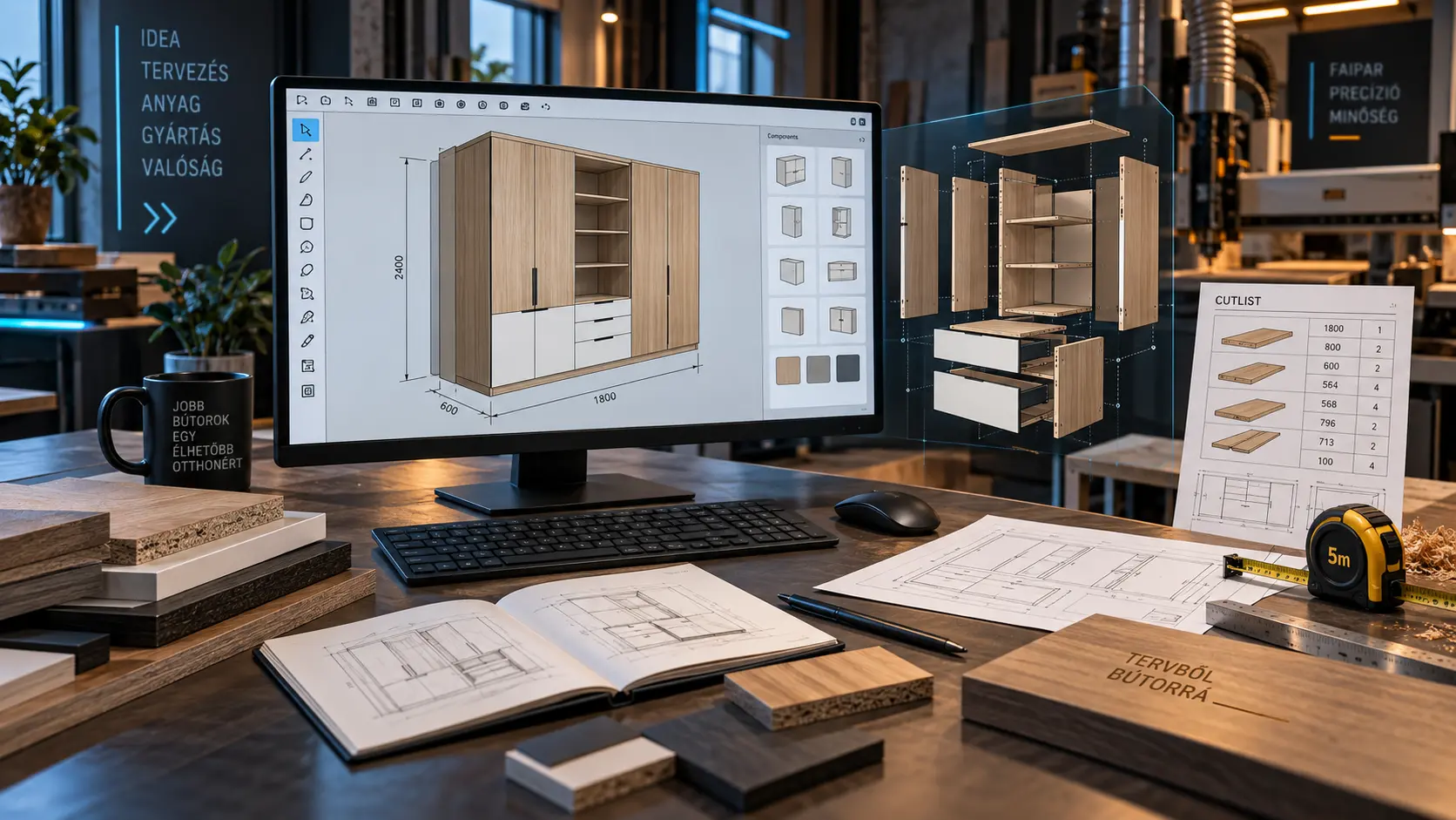 SketchUp bútormodell egyedi bútor tervezési és gyártás-előkészítési munkafolyamatban