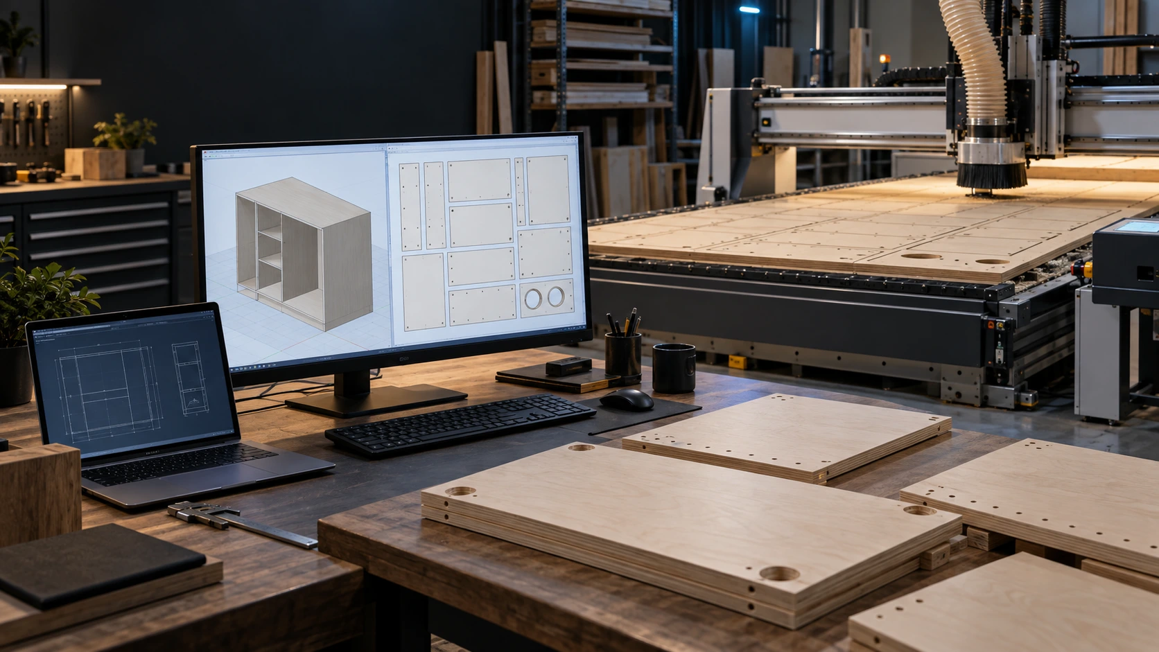 SketchUp bútor-modell és táblakiosztás monitoron, a háttérben nesting CNC géppel és furatokkal előkészített bútoralkatrészekkel