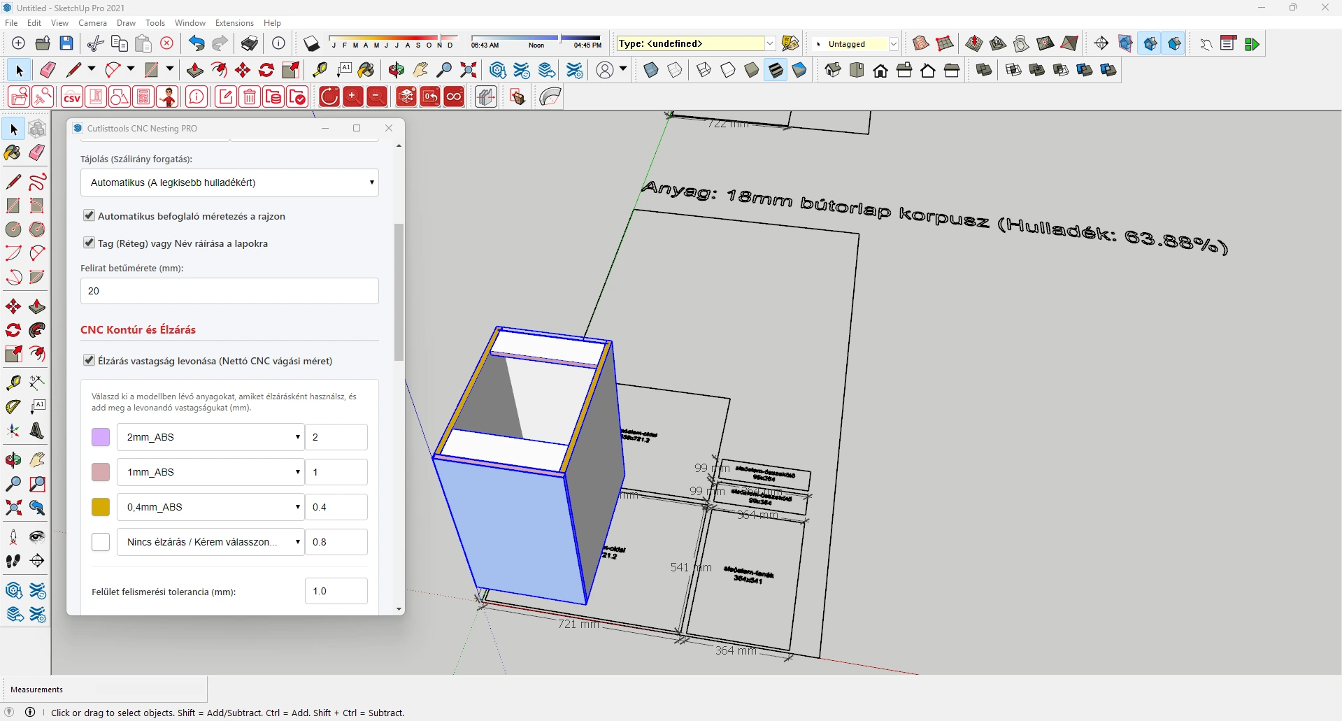 CutListTools CNC Nesting PRO beállítási panel, ahol a 2 mm, 1 mm és 0,4 mm ABS élzáróanyagokhoz levonandó vastagság rendelhető
