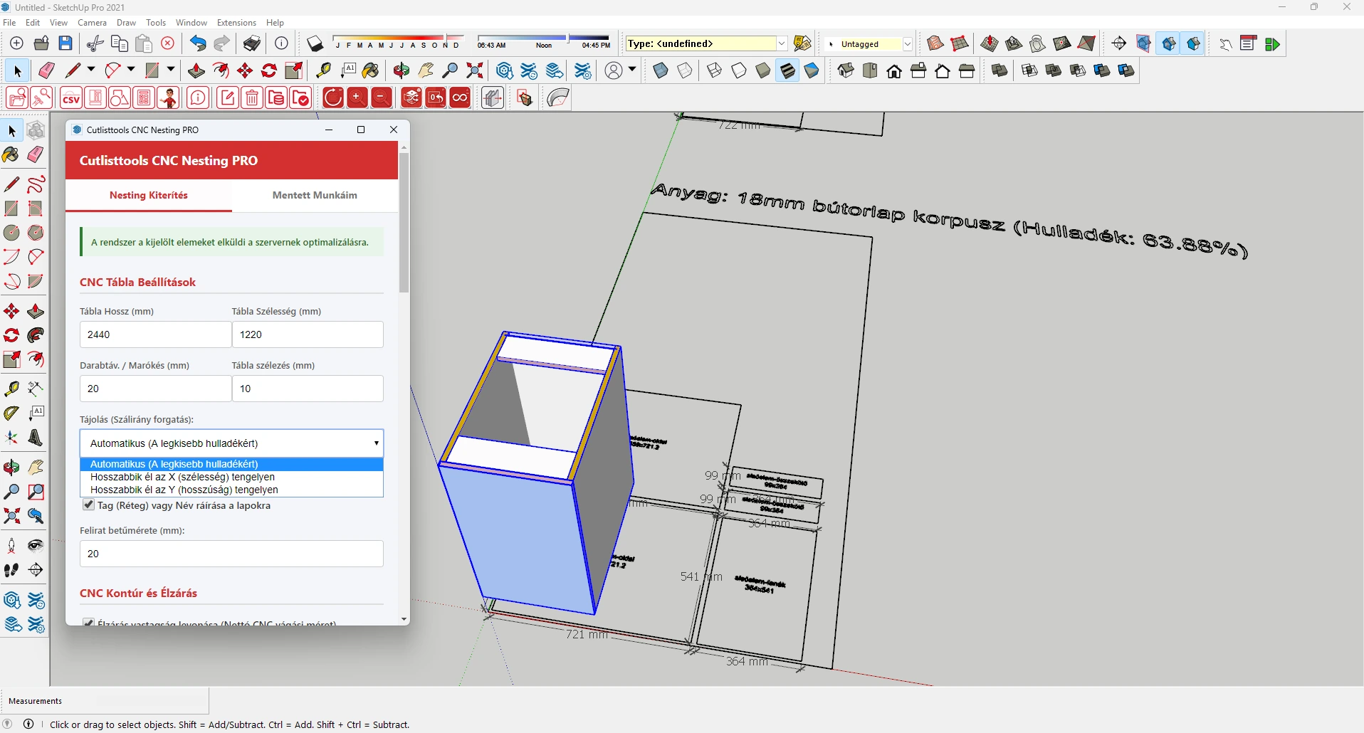 CutListTools CNC Nesting PRO táblabeállításai a táblamérettel, szélvágással, marókés távolsággal és szálirány szerinti forgatási lehetőségekkel