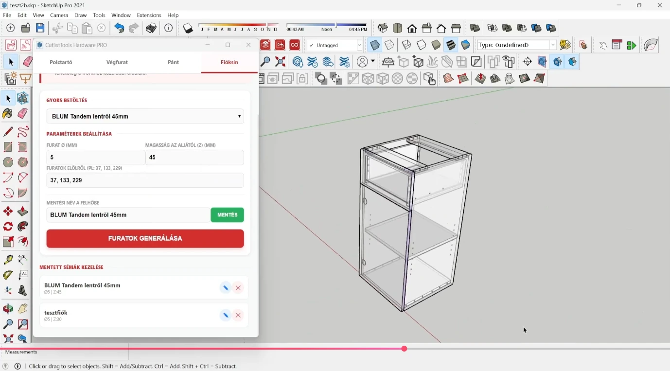 CutListTools Furatkezelő Központ a SketchUpban: BLUM Tandem lentroll fióksín mentett furatsémája, furatátmérővel, magassággal és előlaptól mért pozíciókkal