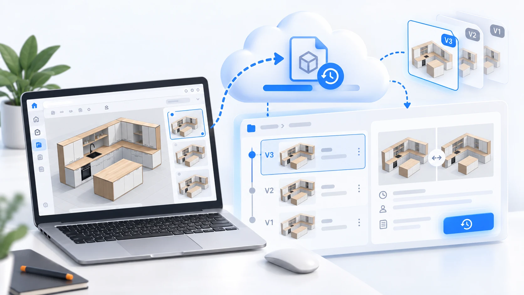 SketchUp projekt verziótörténete V1 V2 V3 állapotokkal és korábbi modellváltozatok visszakeresésével