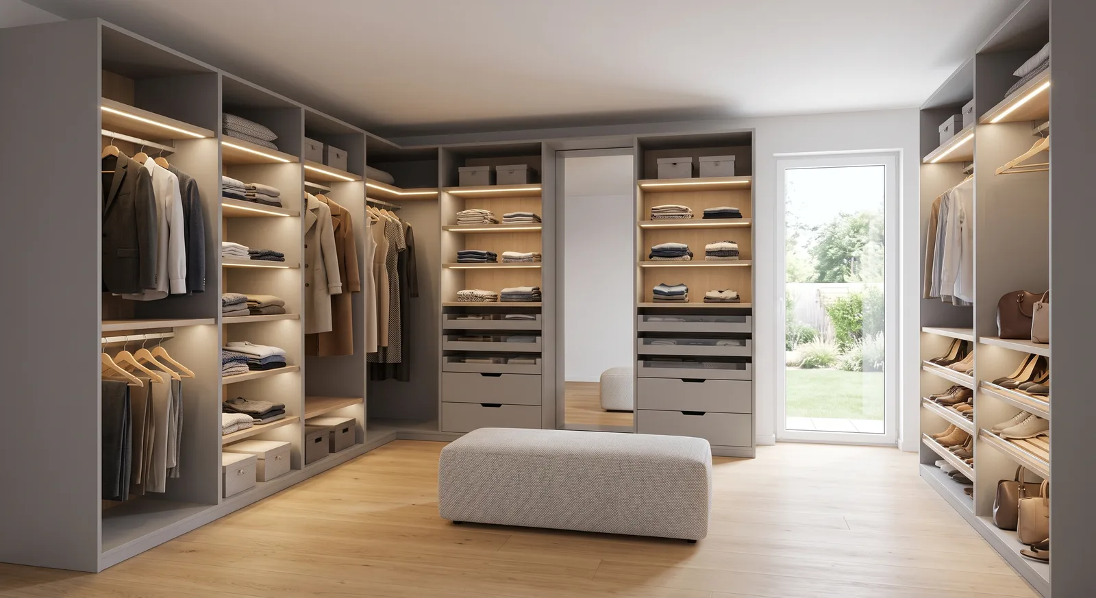 Modern walk-in gardrób nyitott tárolókkal és kényelmes közlekedősávval